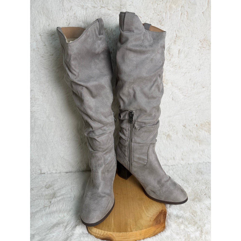 Journee Collection Womens Grey Faux Suede Slouchy Block Heel Tall Boots Size 7.5